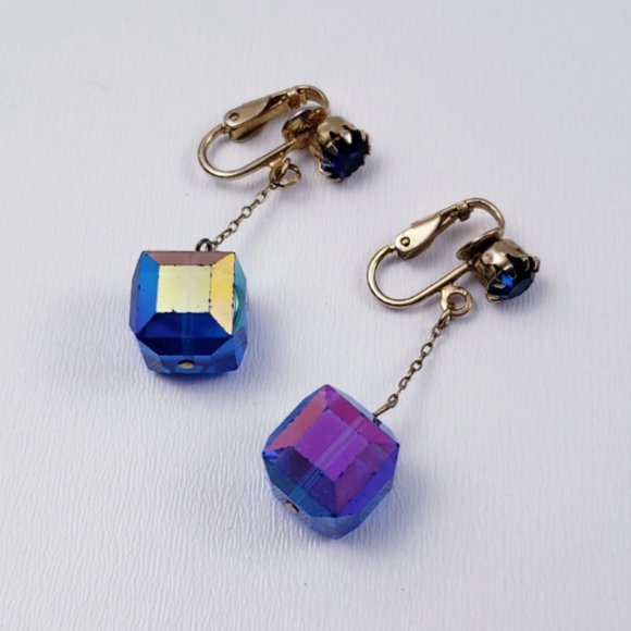 Jewelry - Vintage Cobalt Blue Aurora Borealis Rhinestone Cube Chain Dangle Earrings